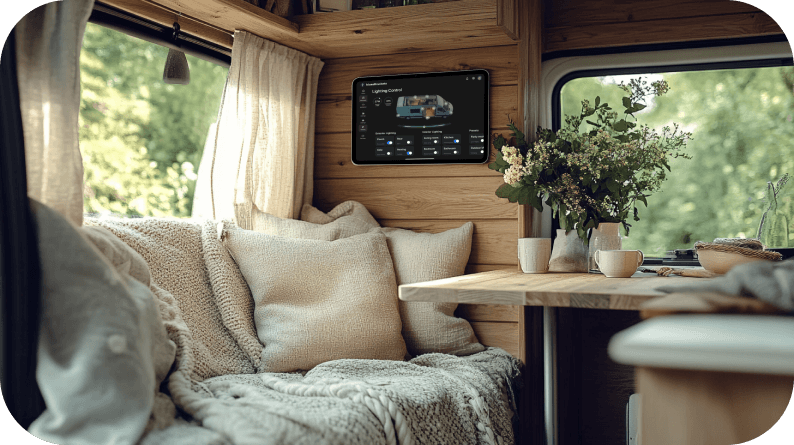 Warn camper interior with tablet acting as control panel