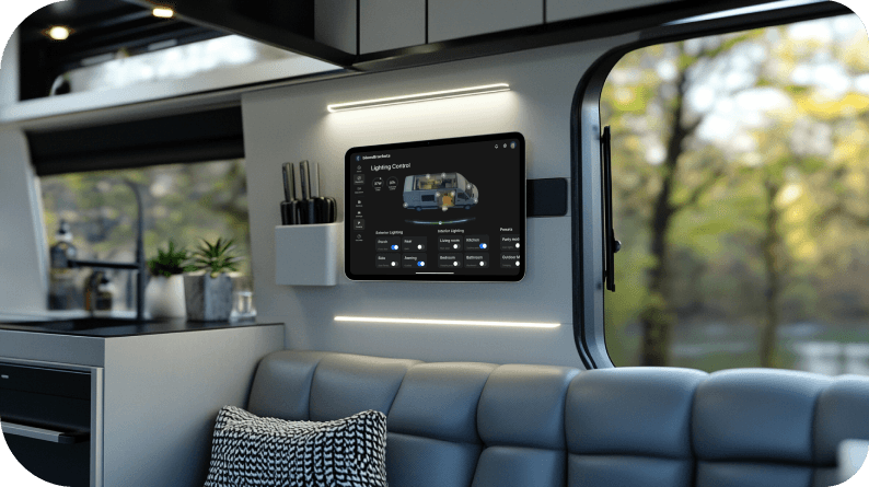 Modern camper interior with tablet acting as control panel